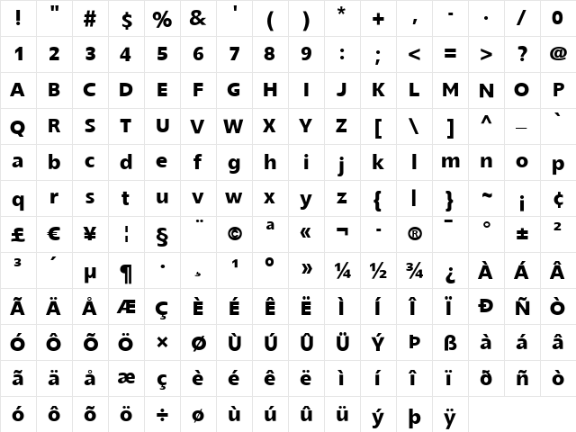 Slippy Bold  glyph index