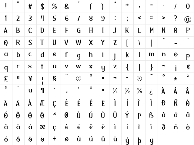 Twolank Regular  glyph index