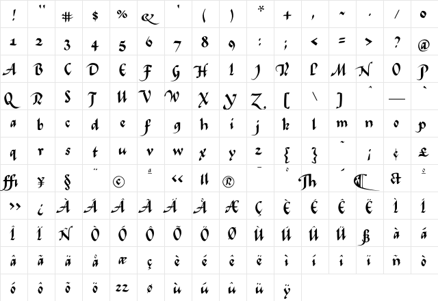 FlourishBold Regular  glyph index