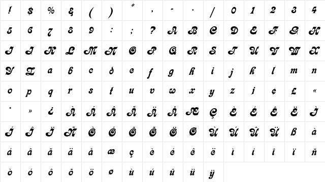 KalligraphiaEF Regular  glyph index