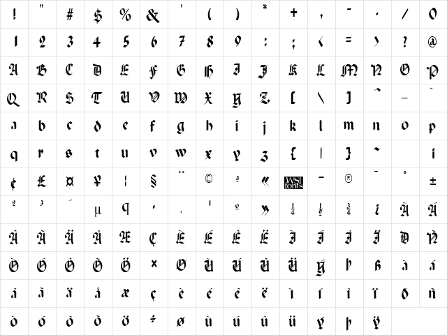 PenchantThin Regular  glyph index