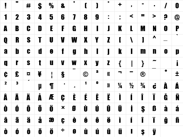TR Impact Regular  glyph index