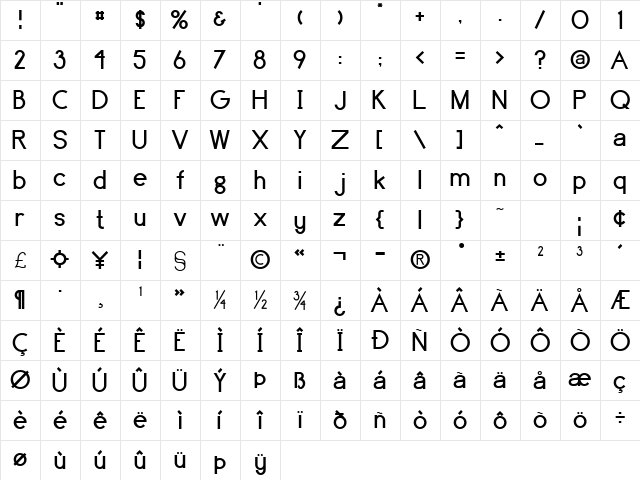 Brassfield Regular  glyph index