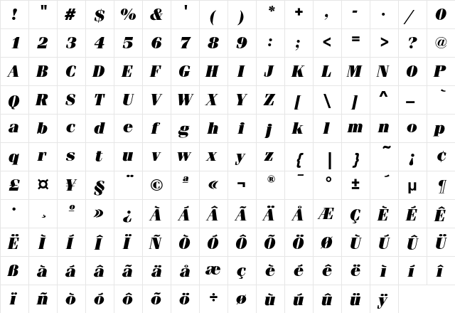 FeniceEF-UltraItalic Regular  glyph index