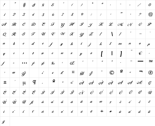 Ballantines-DemiBold Regular  glyph index