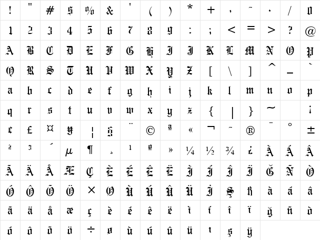 EngrvrsOldEng BT Regular  glyph index