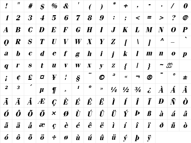 Compendium SSi Bold Italic  glyph index