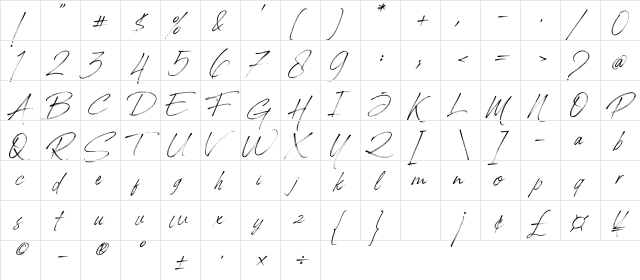 Optimust Italic  glyph index