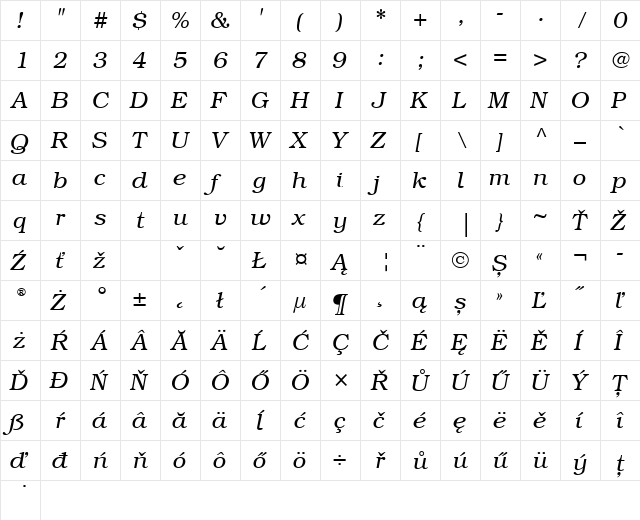 Bookman CE Light Italic  glyph index