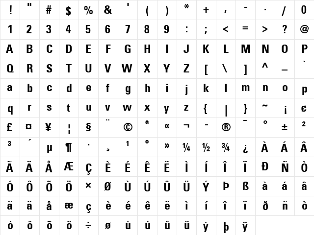 Univers ItalicBold  glyph index