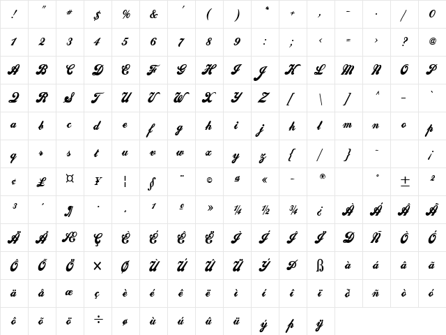 Sweden Condensed Bold  glyph index