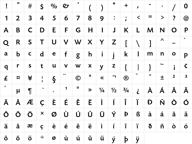 TodaySB-Medium Regular  glyph index