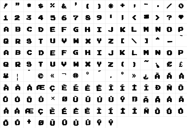 Joystix Ink Regular  glyph index