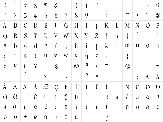 ToledoAntique Regular  glyph index