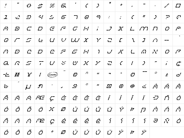 Zeta Sentry Italic Italic  glyph index