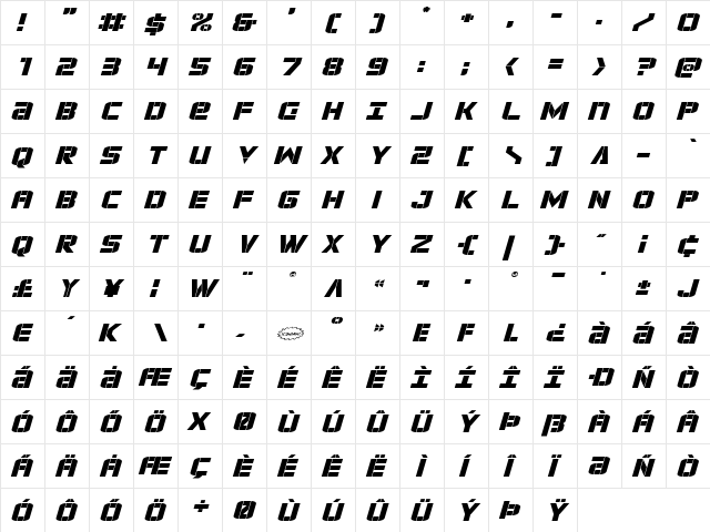 Force Commander Expanded Italic Expanded Italic  glyph index
