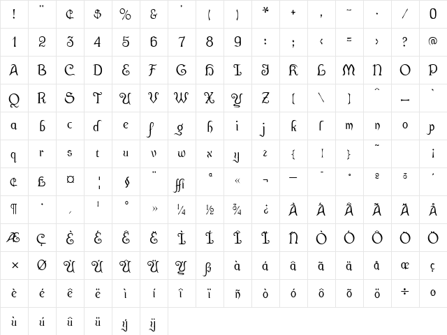 Cuthbert Regular  glyph index