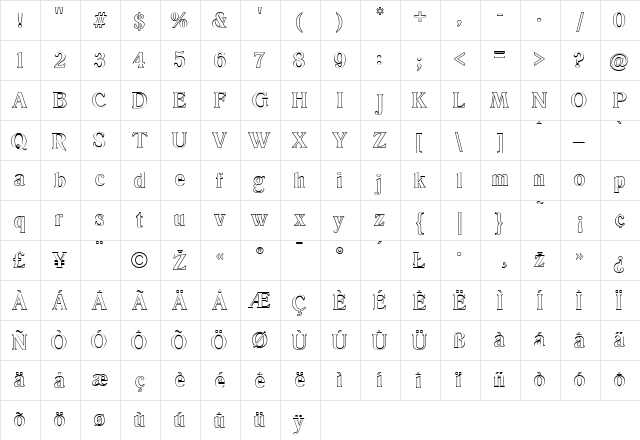 RomanaOutline Regular  glyph index