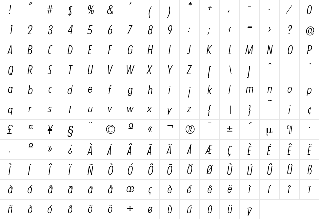 Limerick-LightCondIta Regular  glyph index