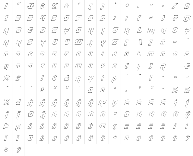 OmegaForce Outline Italic Italic  glyph index