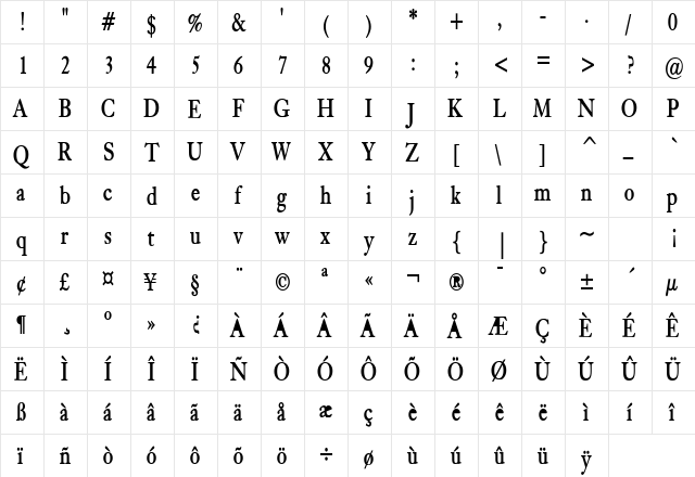 Bliss Thin Bold Italic  glyph index