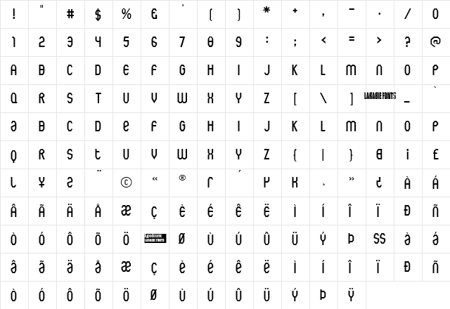 Rothwell Army Regular  glyph index