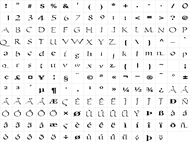 EricBrush21 Regular  glyph index