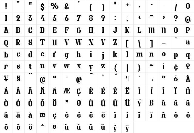 Granite Regular  glyph index