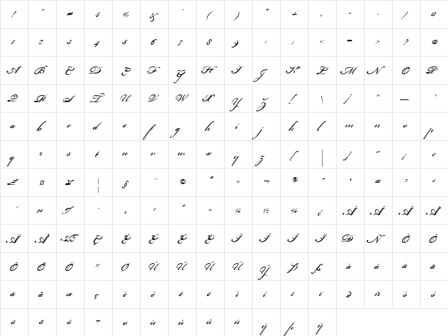 Bickham Script MM Regular  glyph index