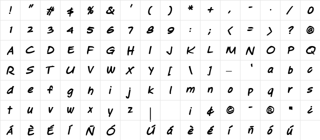 Jotting Bold Italic  glyph index