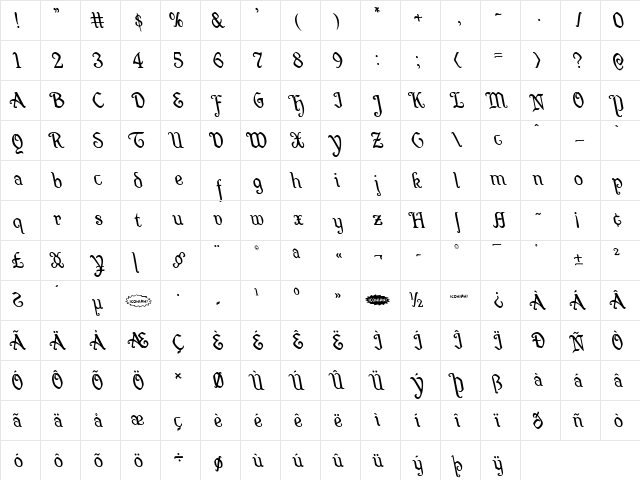 Quill Sword Leftalic Italic  glyph index