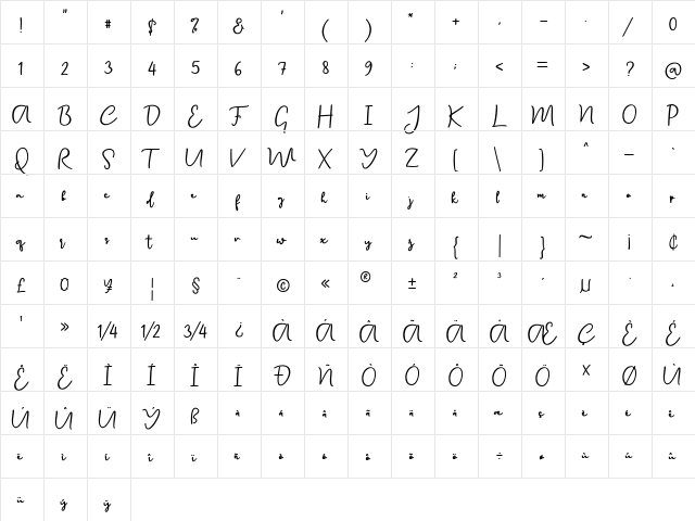 Canadia Regular  glyph index