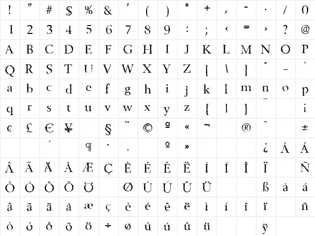 BelfastAntique Regular  glyph index