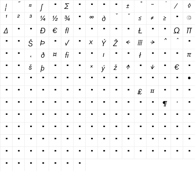 Bau-RegularItalicExp Regular  glyph index