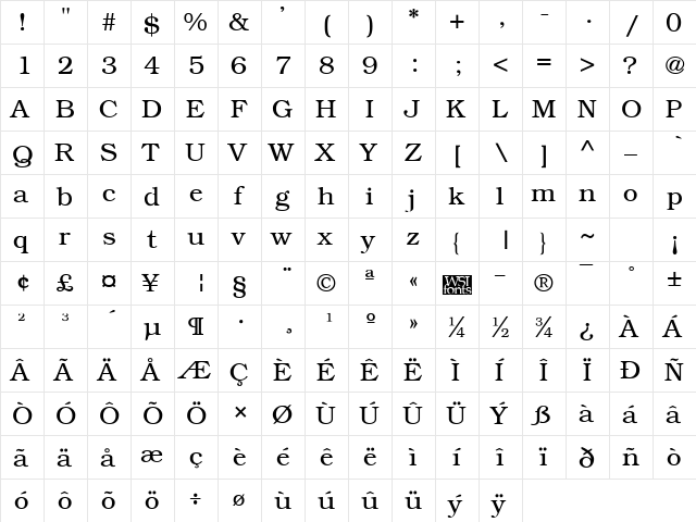 Bookplate Regular  glyph index