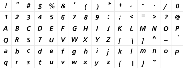 Cadet Sans Bold Italic Regular  glyph index