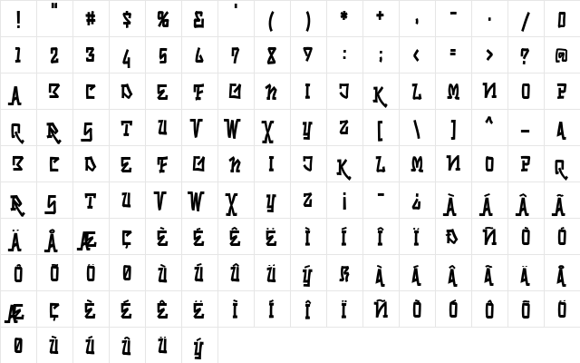 Skrybylrr Regular  glyph index
