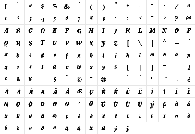 Mercurius MF Regular  glyph index