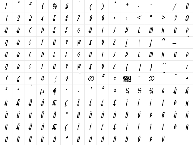 Anastasia Italic  glyph index