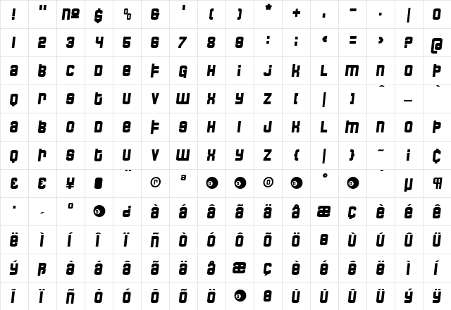 DreamboatBigTilt Medium  glyph index