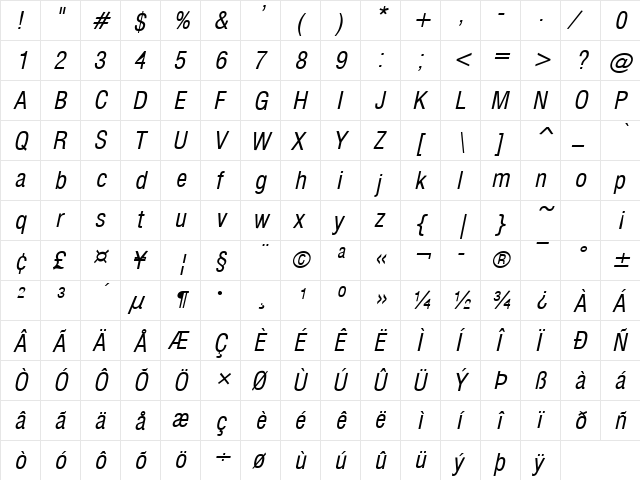 Corporate Condensed Italic  glyph index