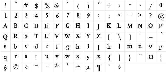 MyslC Bold  glyph index