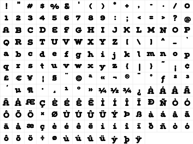 Grover Slab Heavy Regular  glyph index