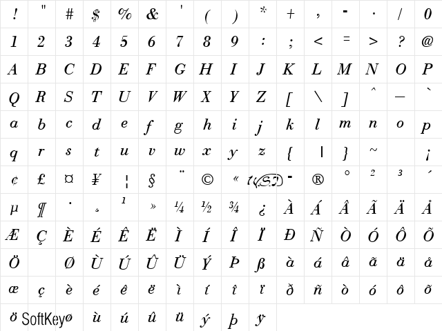 Boston Italic  glyph index