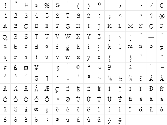 WyomingSpaghetti Plain  glyph index