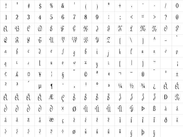 Bed Regular  glyph index