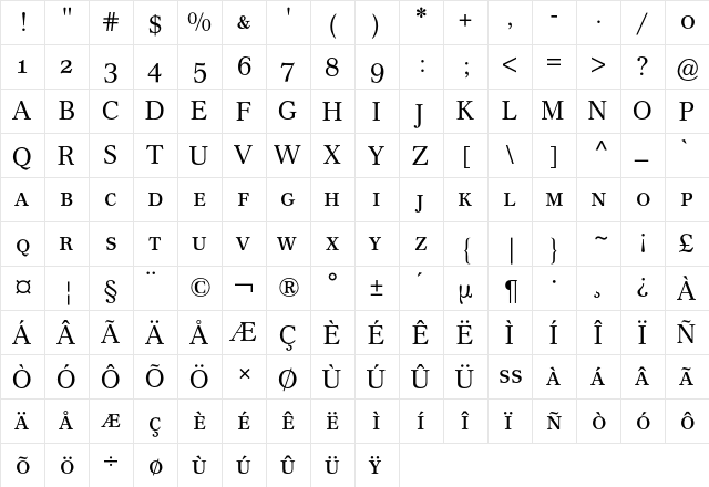 Cremona Expert BQ Regular  glyph index