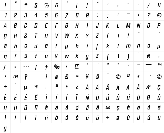Diamante-MediumIta Regular  glyph index