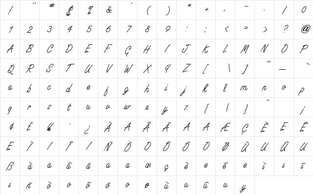 WhisperWrite Regular  glyph index