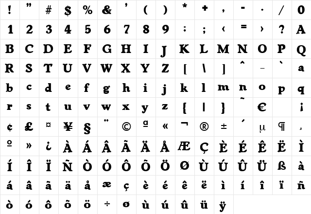 Worchester-ExtraBold Regular  glyph index